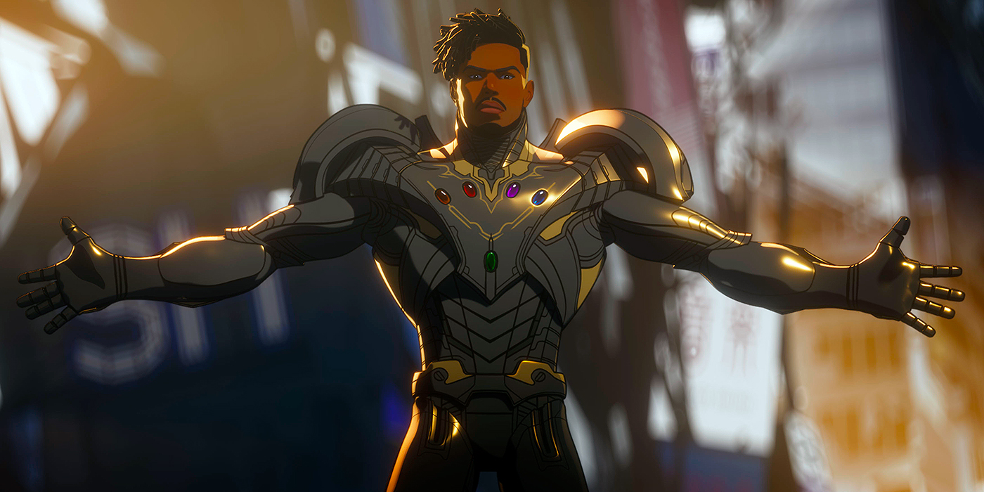 Erik Killmonger in his suit which includes Infinity Stones