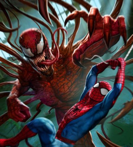 Carnage and Spiderman fighting each other. 